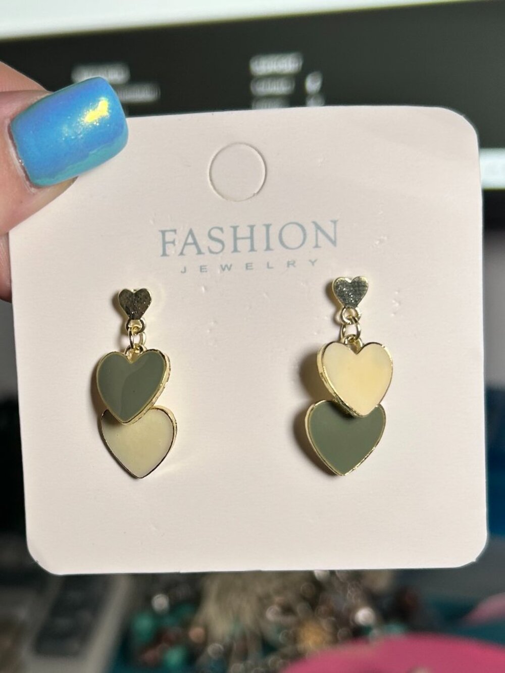 Gold Tone Double Heart Dangle Earrings Green Cream Enamel Romantic Jewelry